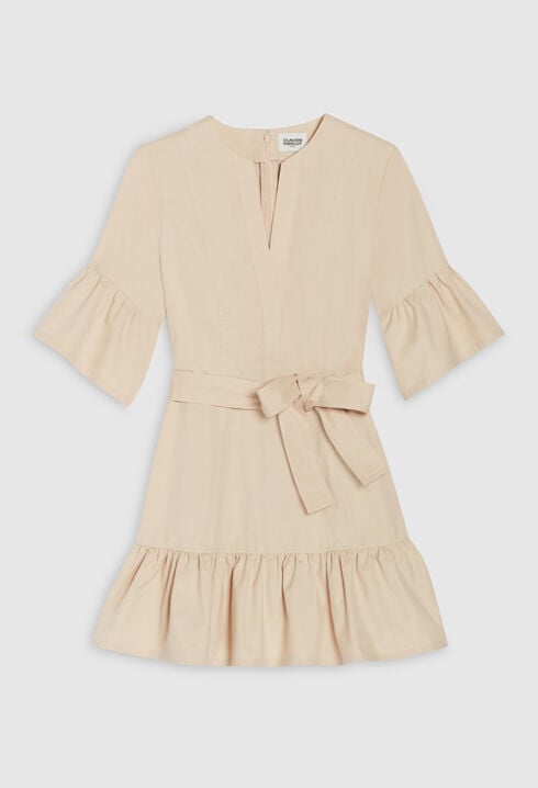 Short beige dress with ruffled sleeves