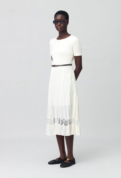 Twist ivory bi-material midi dress 