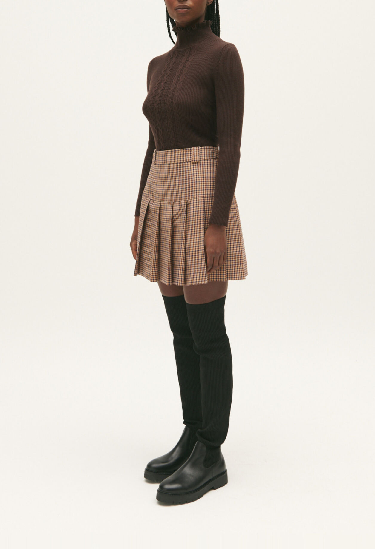 Short camel check skirt