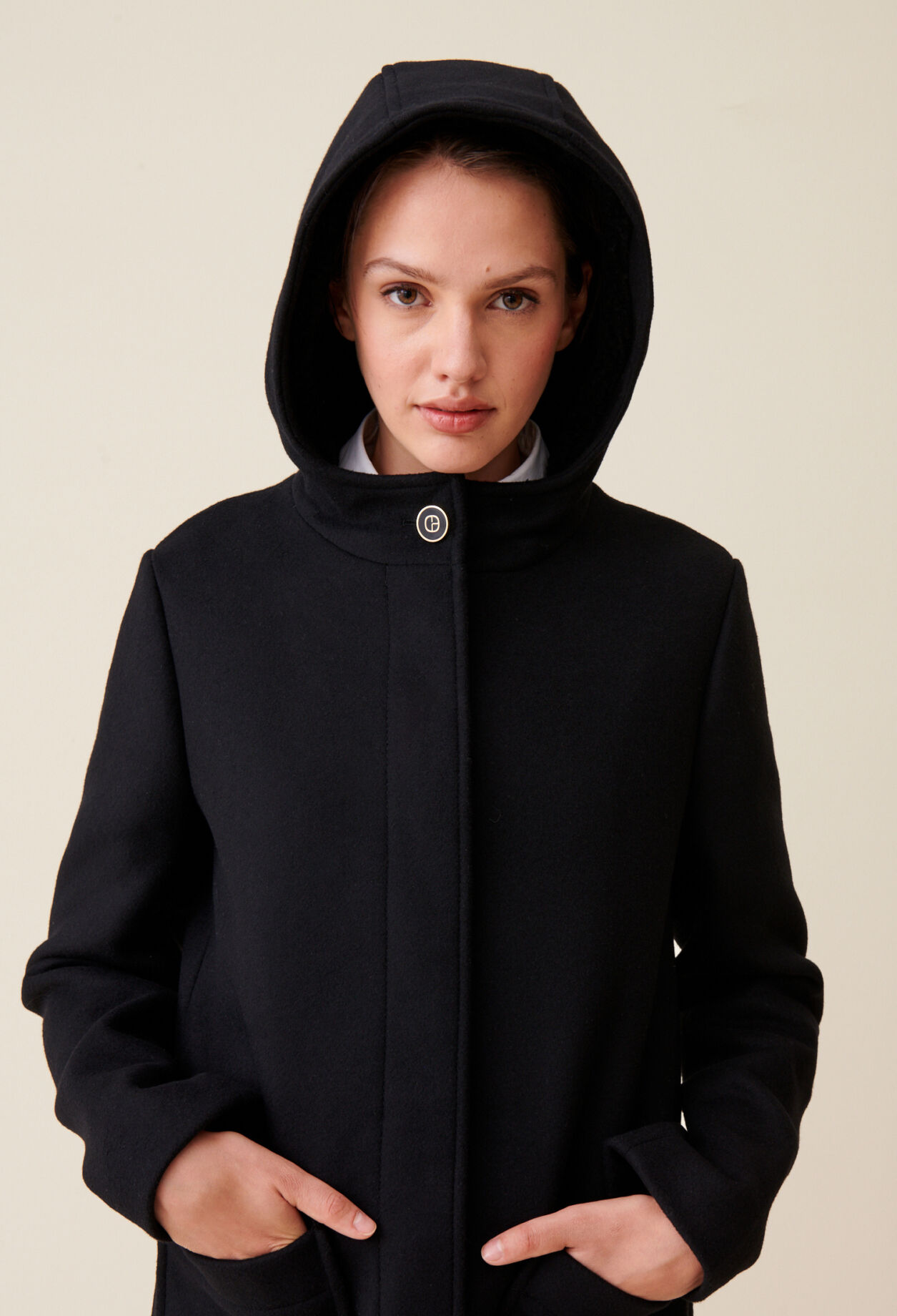 Long black hooded coat hot sale