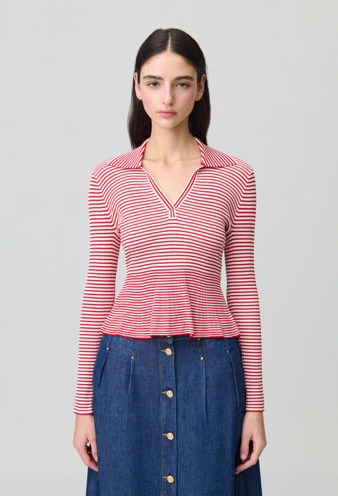 Striped frilled fine knit top