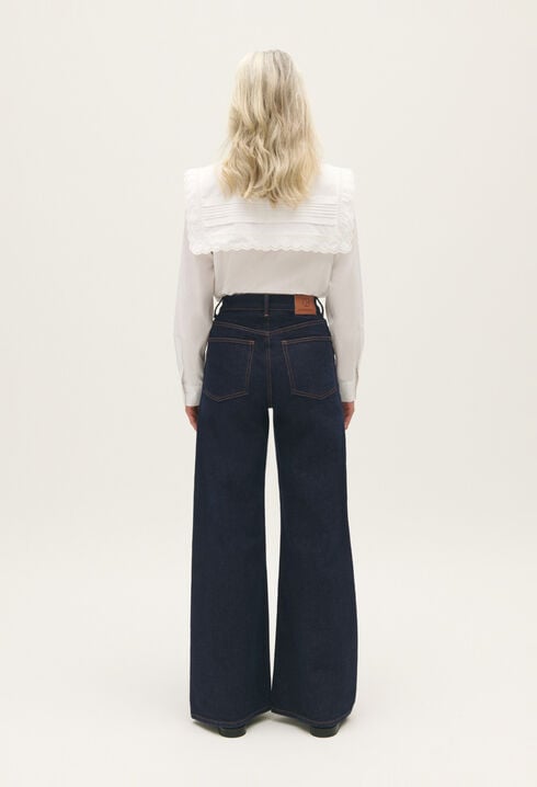 Blue straight-leg raw denim jeans