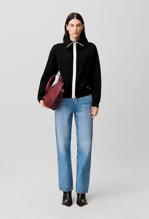 Zip-neck knitted cardigan