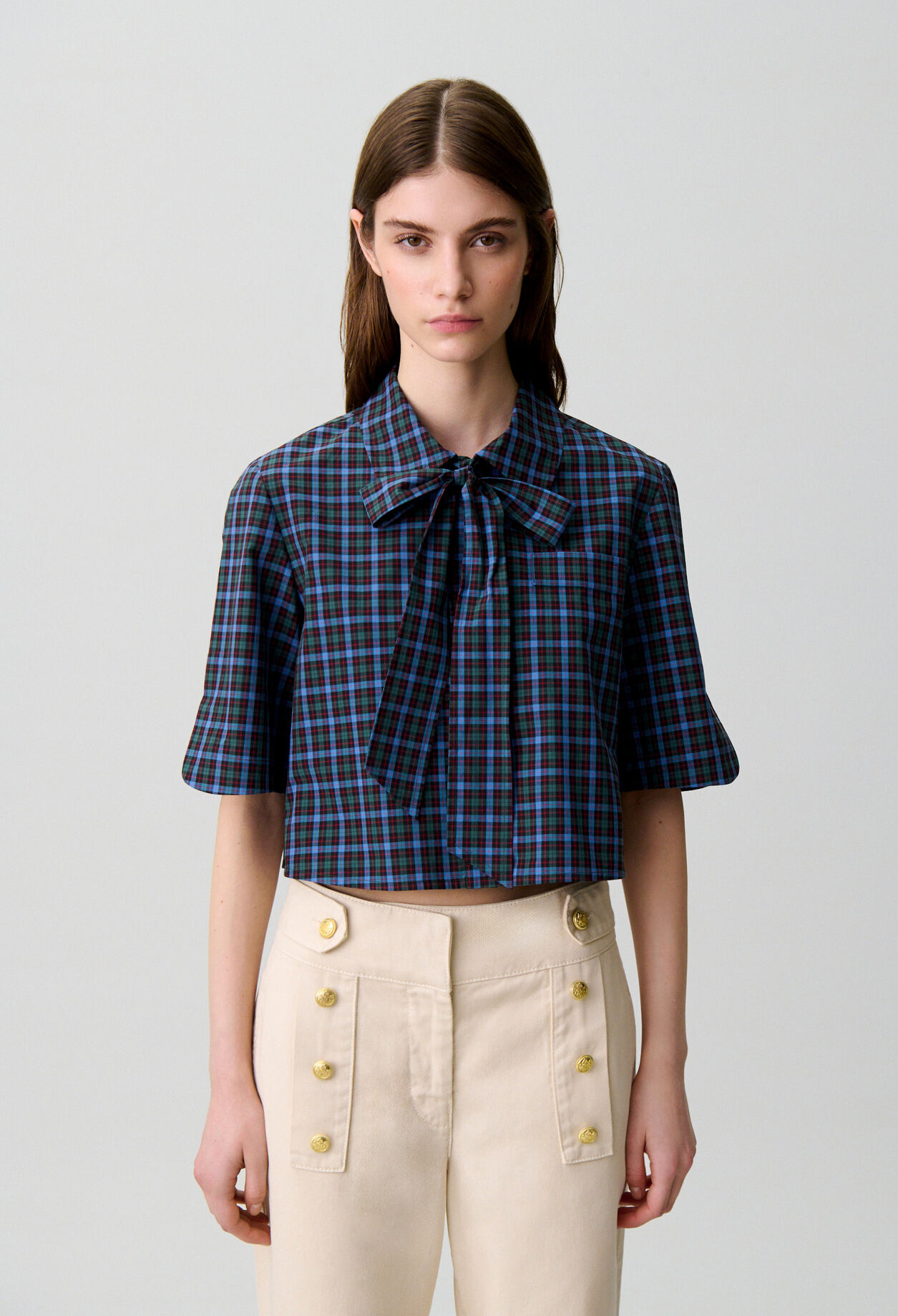 Checked tie-neck shirt