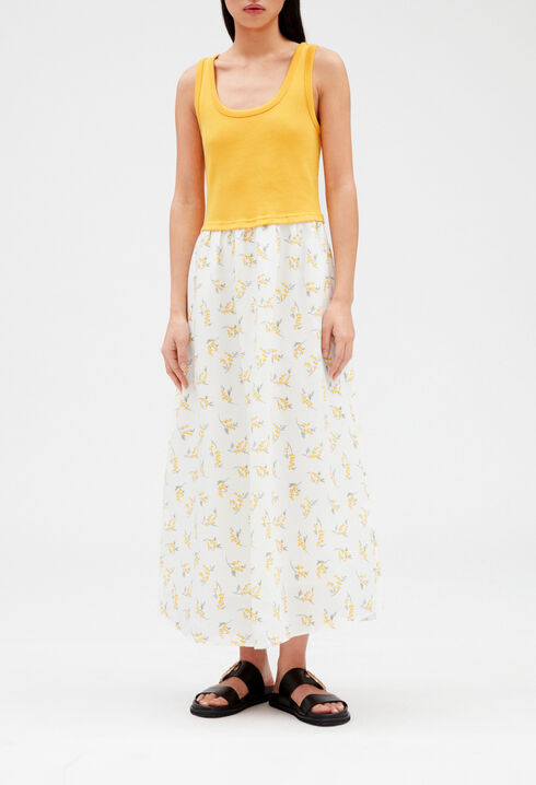 Bi-material mimosa midi-dress