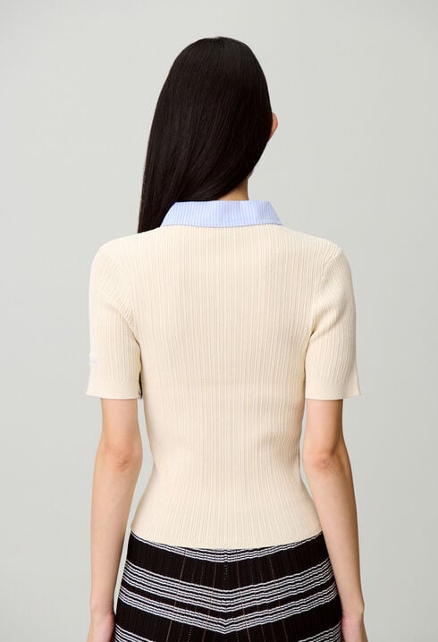 Striped bi-material cardigan