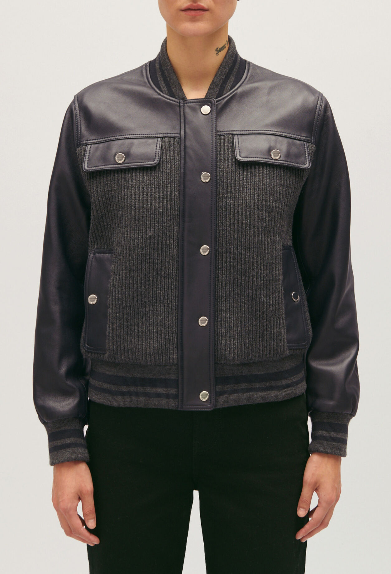 Dual-material leather and knitted jacket