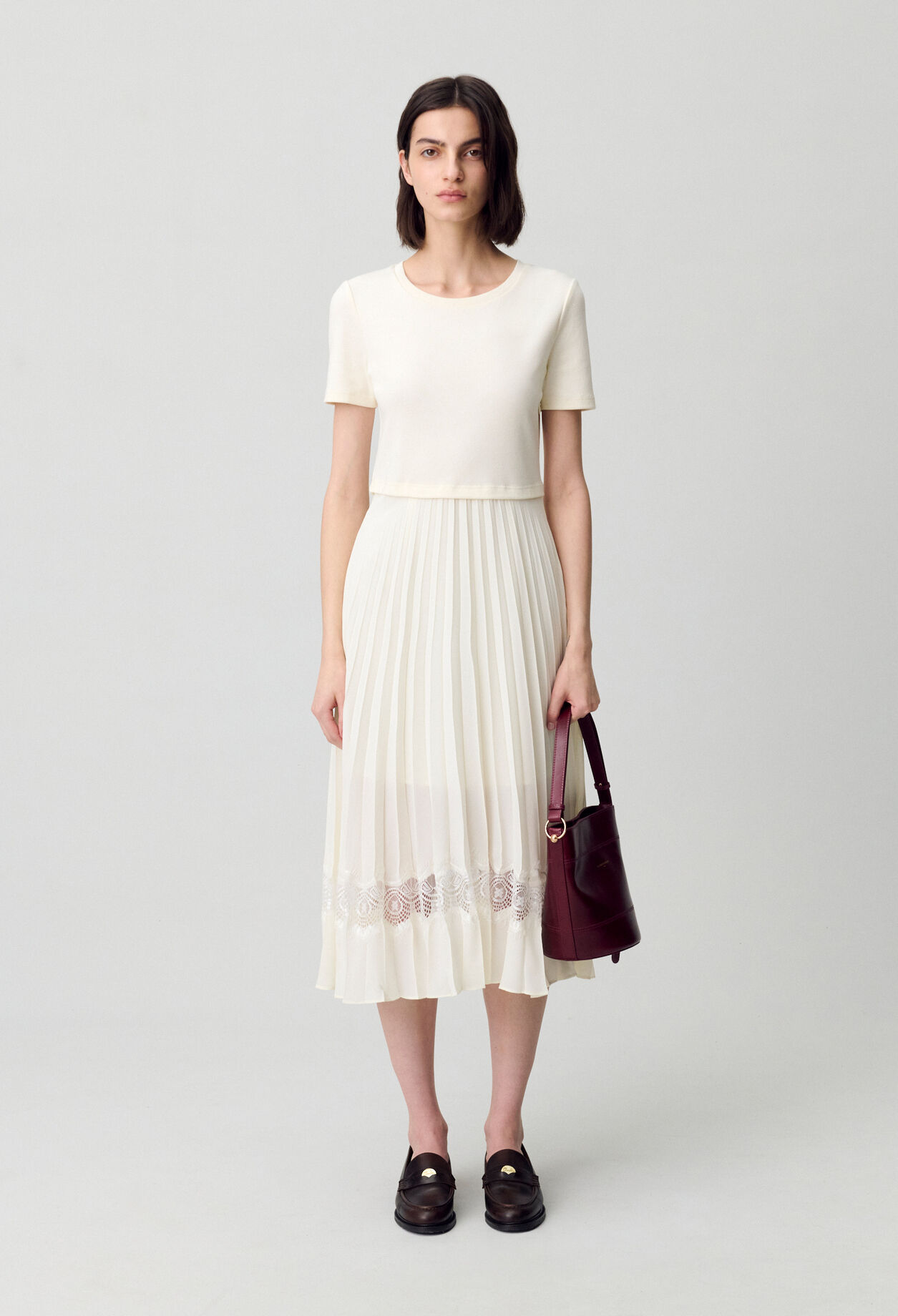Twist ivory bi-material midi dress 