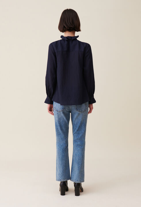 Dark blue striped ruffled blouse