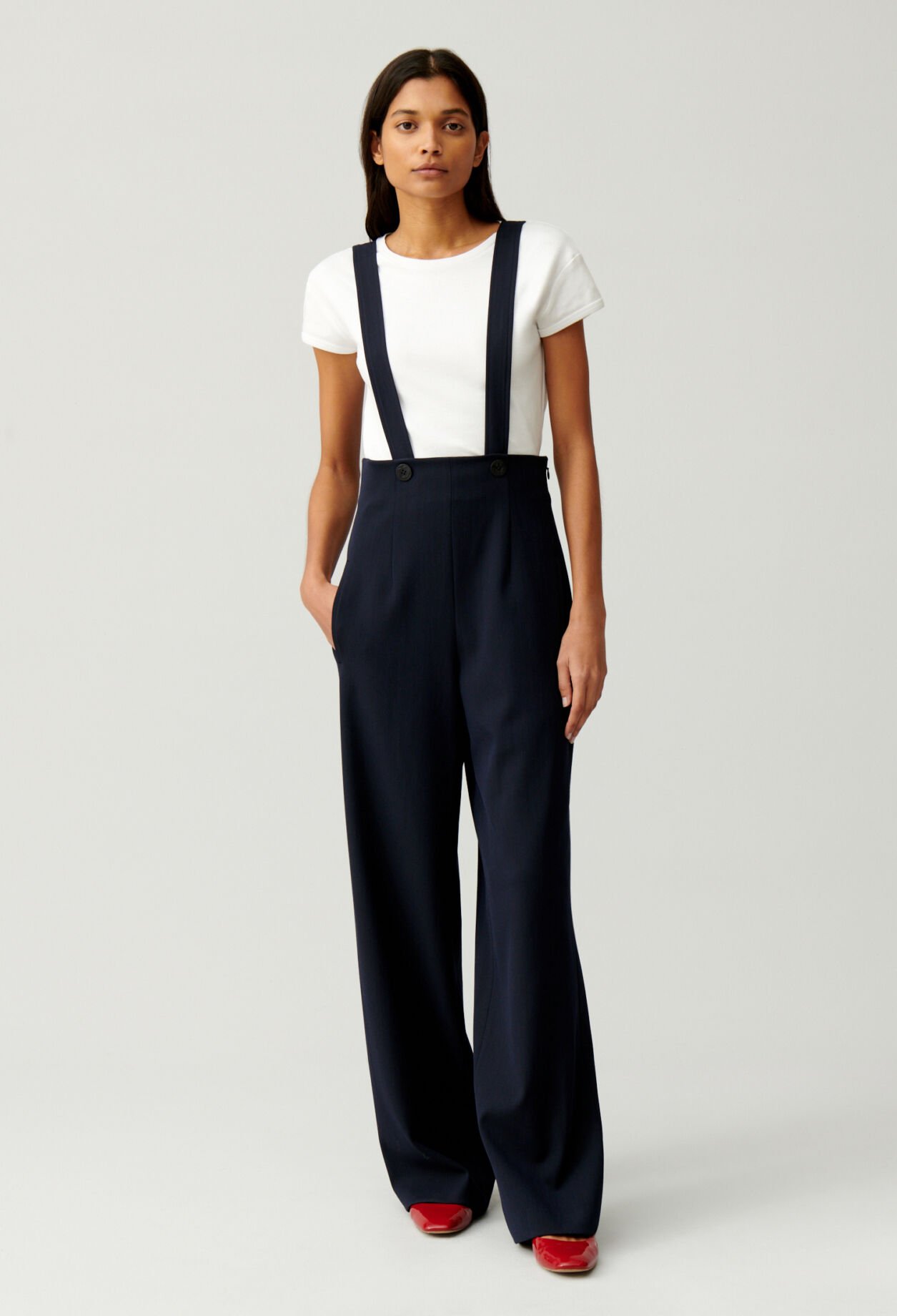 Wide leg trousers with braces on sale