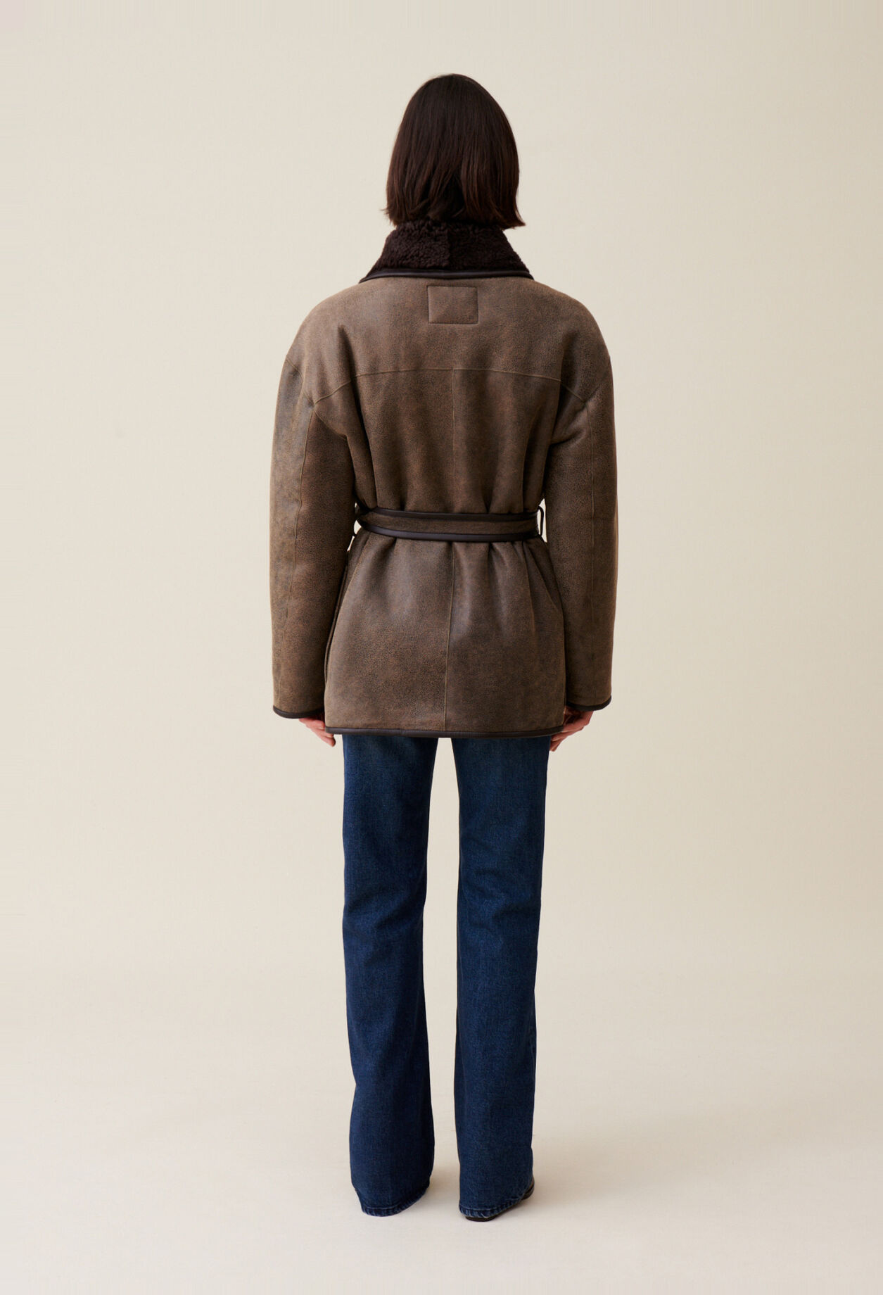Taupe belted shearling jacket
