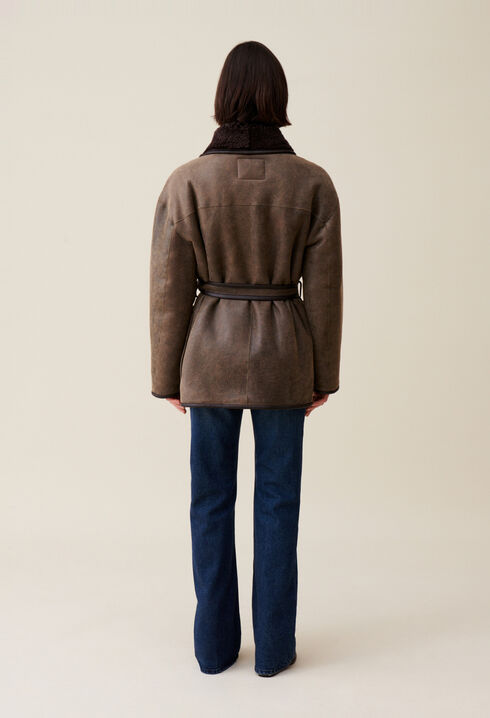 Taupe belted shearling jacket