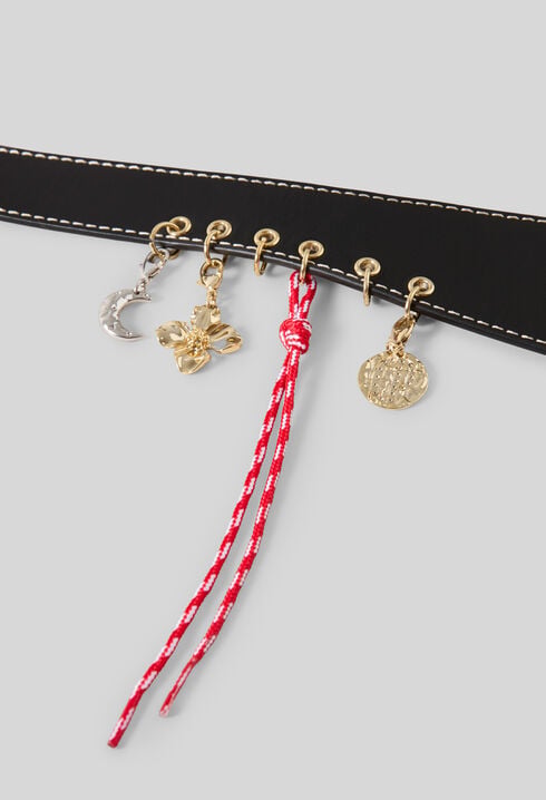 Leather eyelet belt with charms