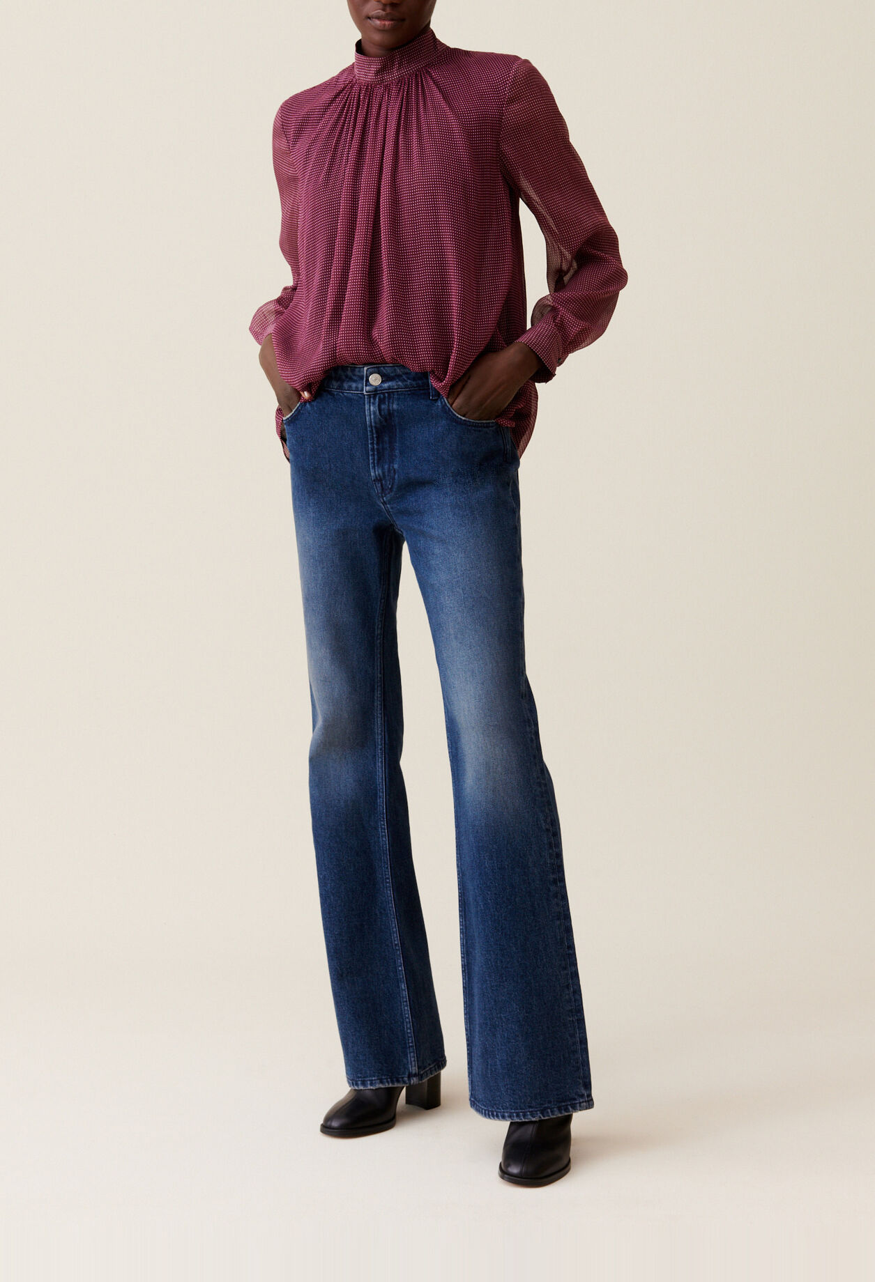 Fluid Check Tie-Neck Blouse