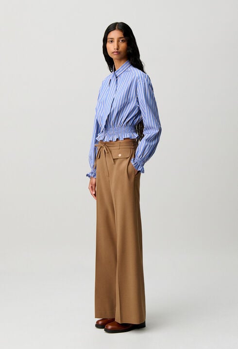 Striped poplin tie-neck top