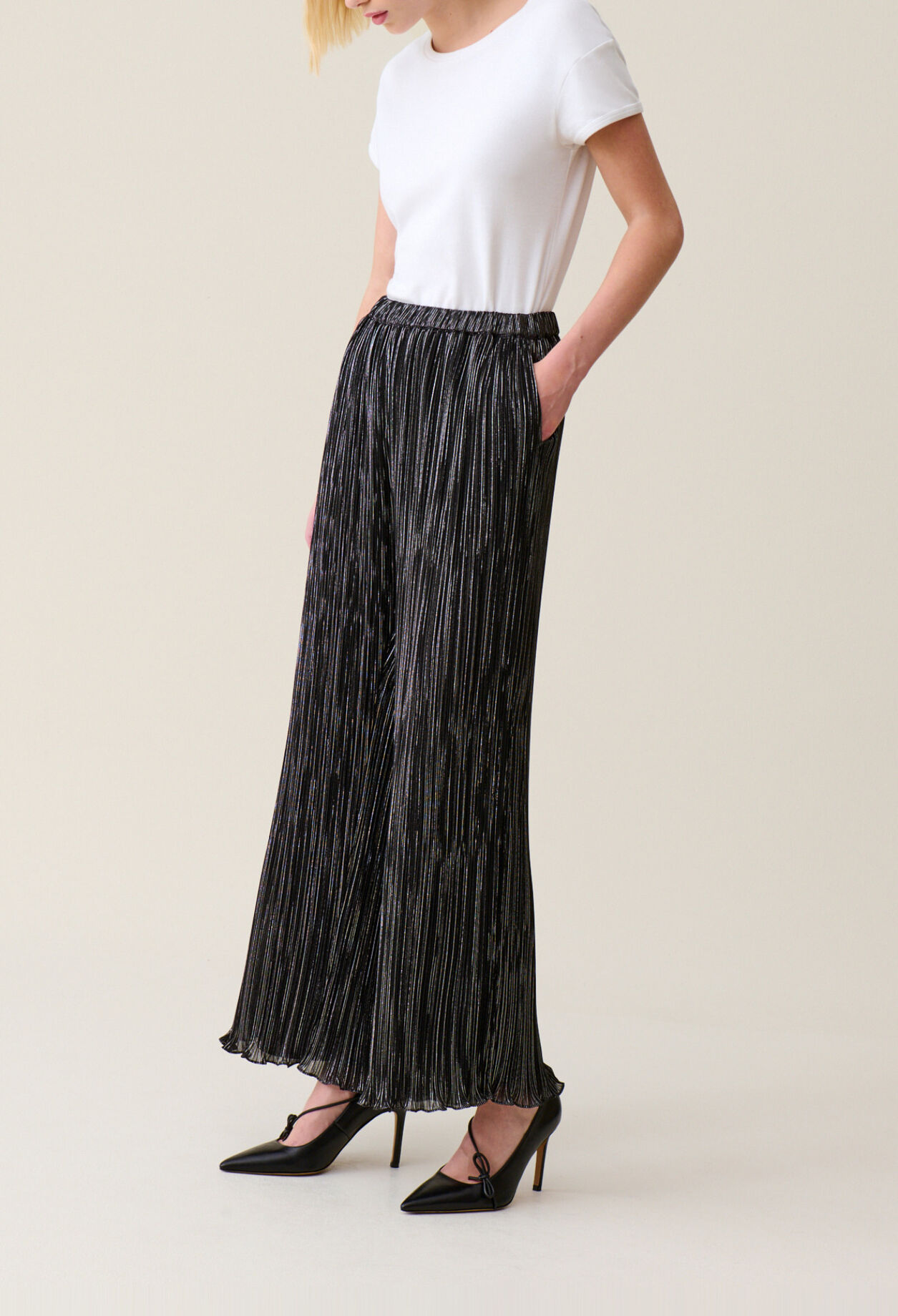 Silver pleated fluid trousers