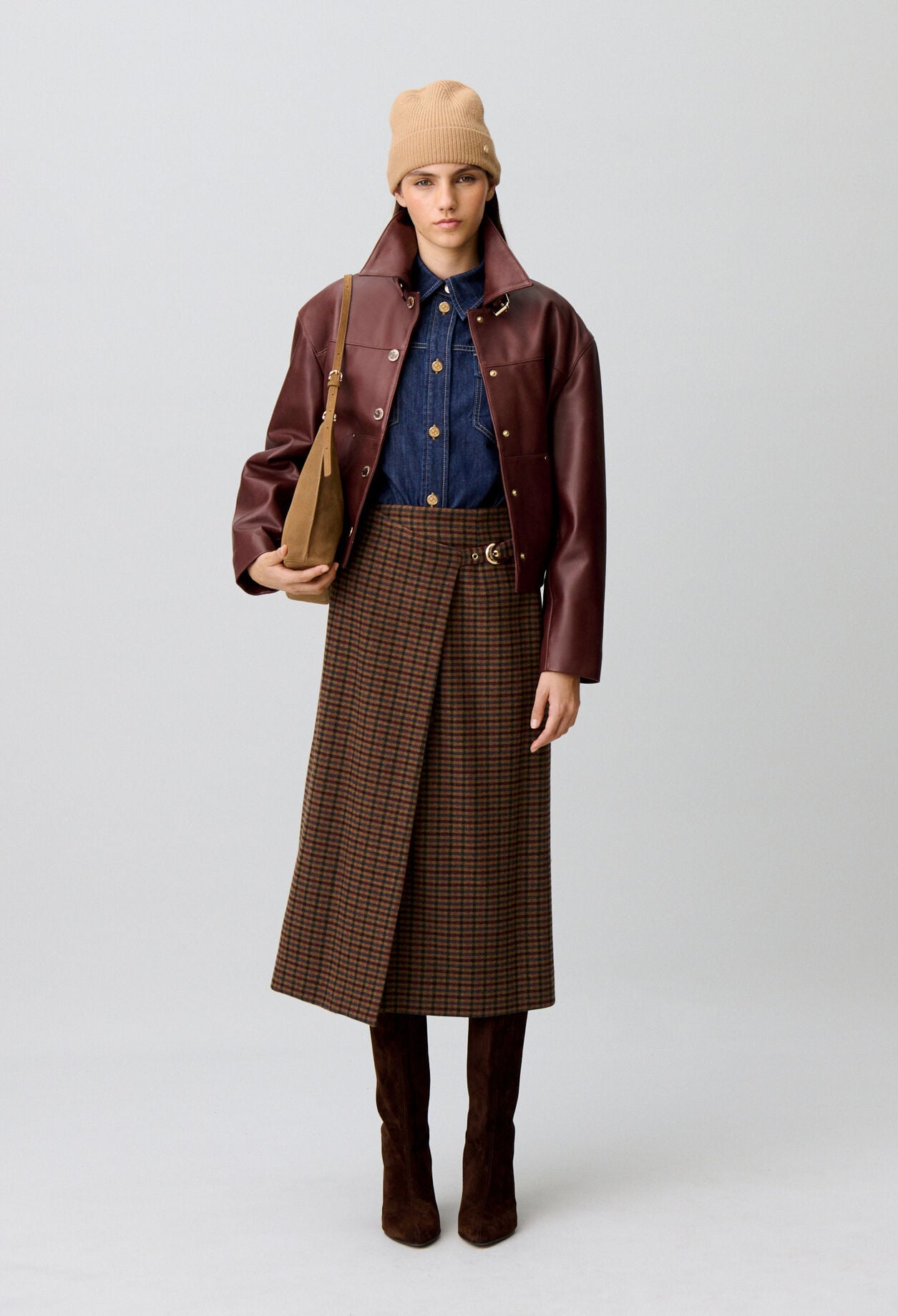 Straight check wool blend skirt