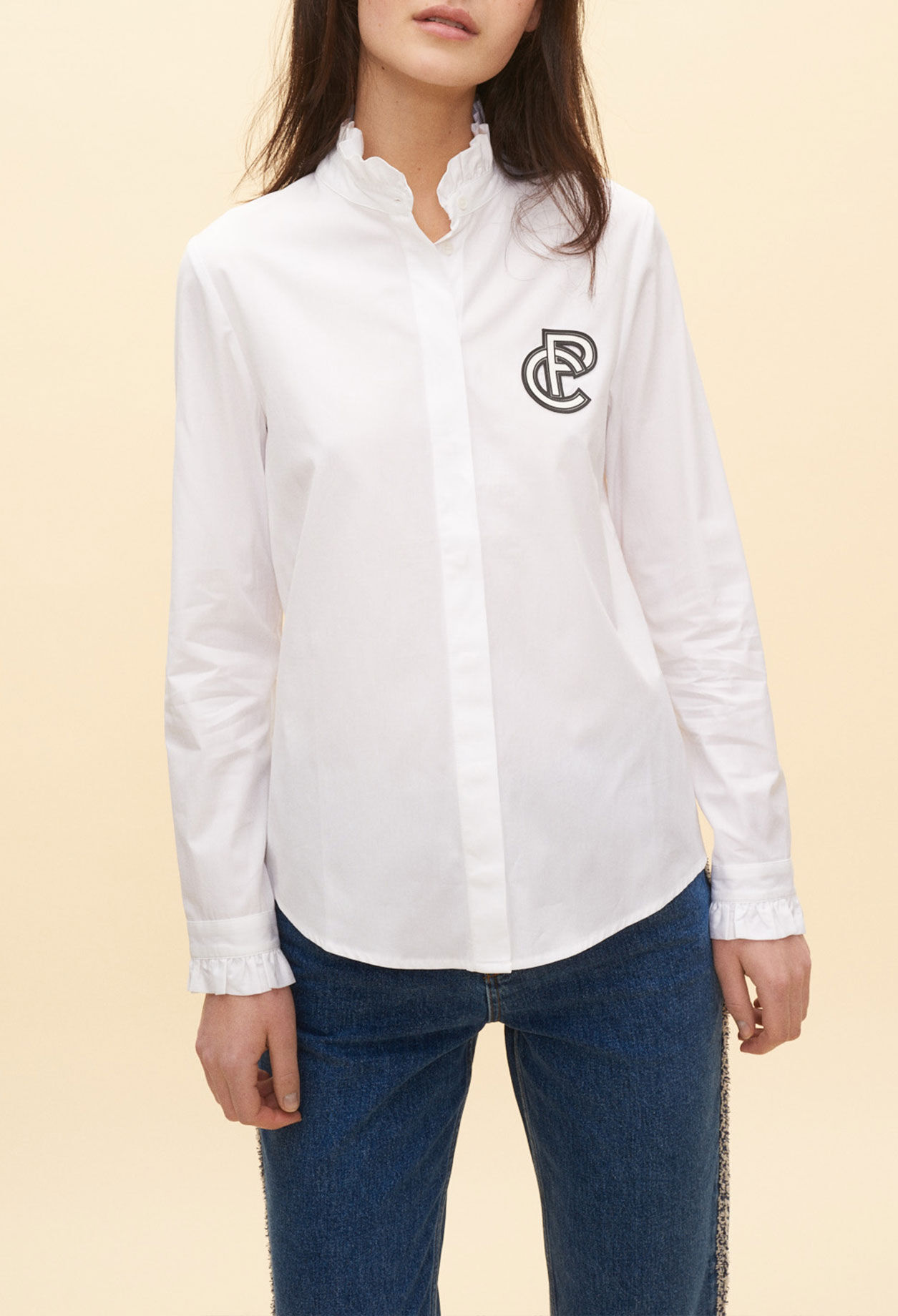 Shirt with pleated high neckline