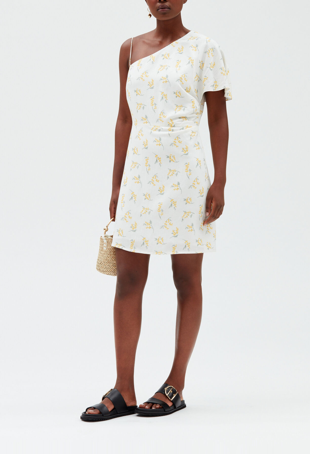 Asymmetric midi dress mimosa pattern