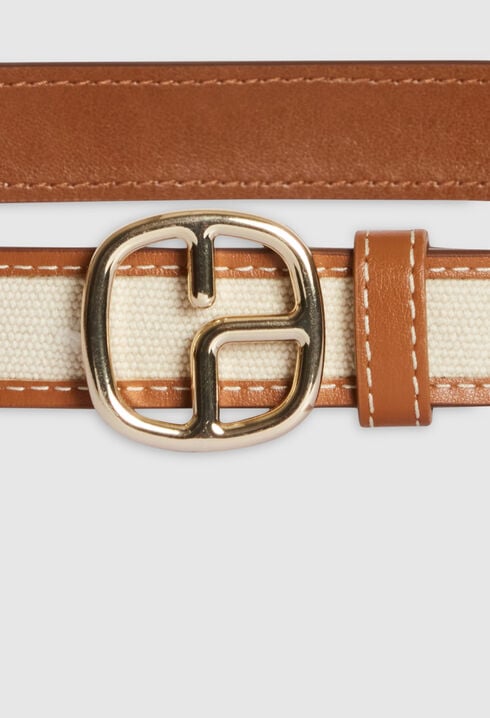 Beige canvas and leather monogram belt