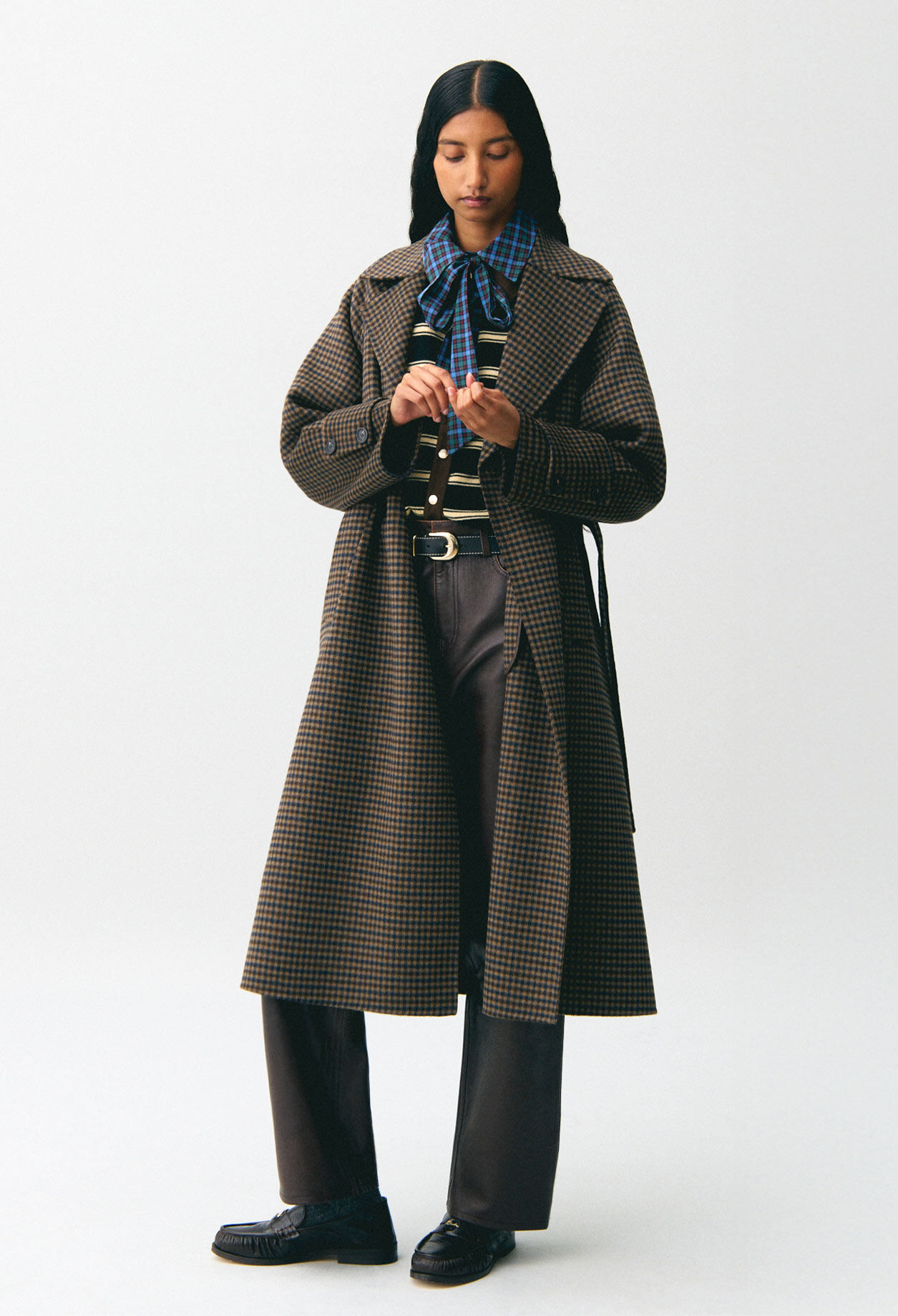 Mid-length checked belted coat