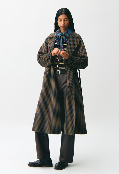 Mid-length checked belted coat