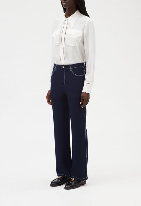 Blue silk straight trousers