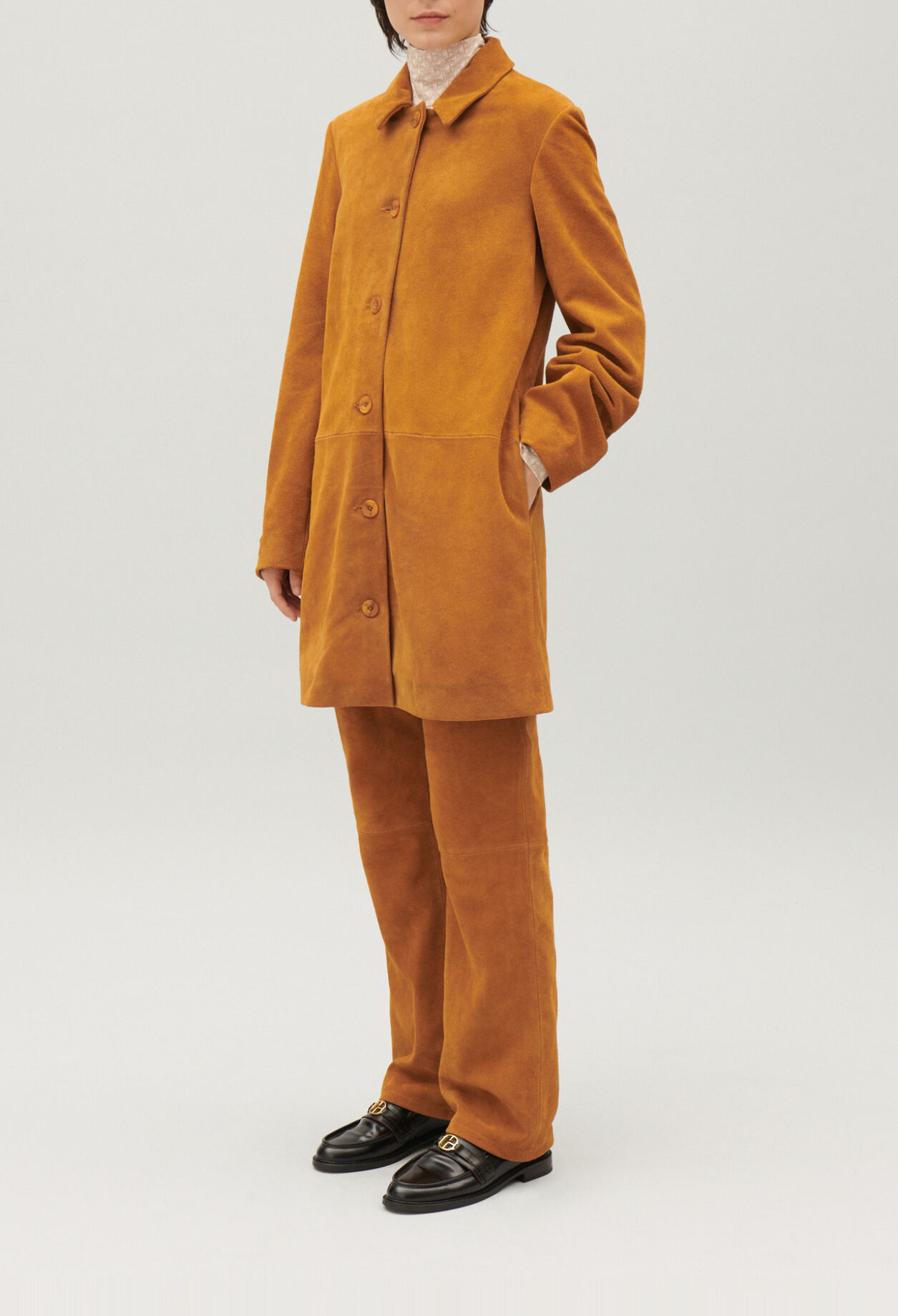 Dark beige straight suede leather coat