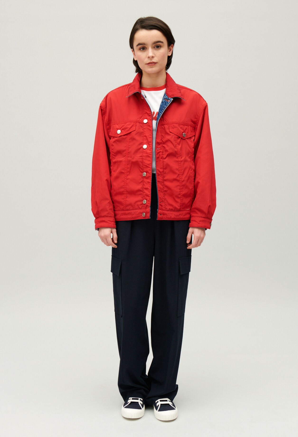 Red oversized denim jacket online