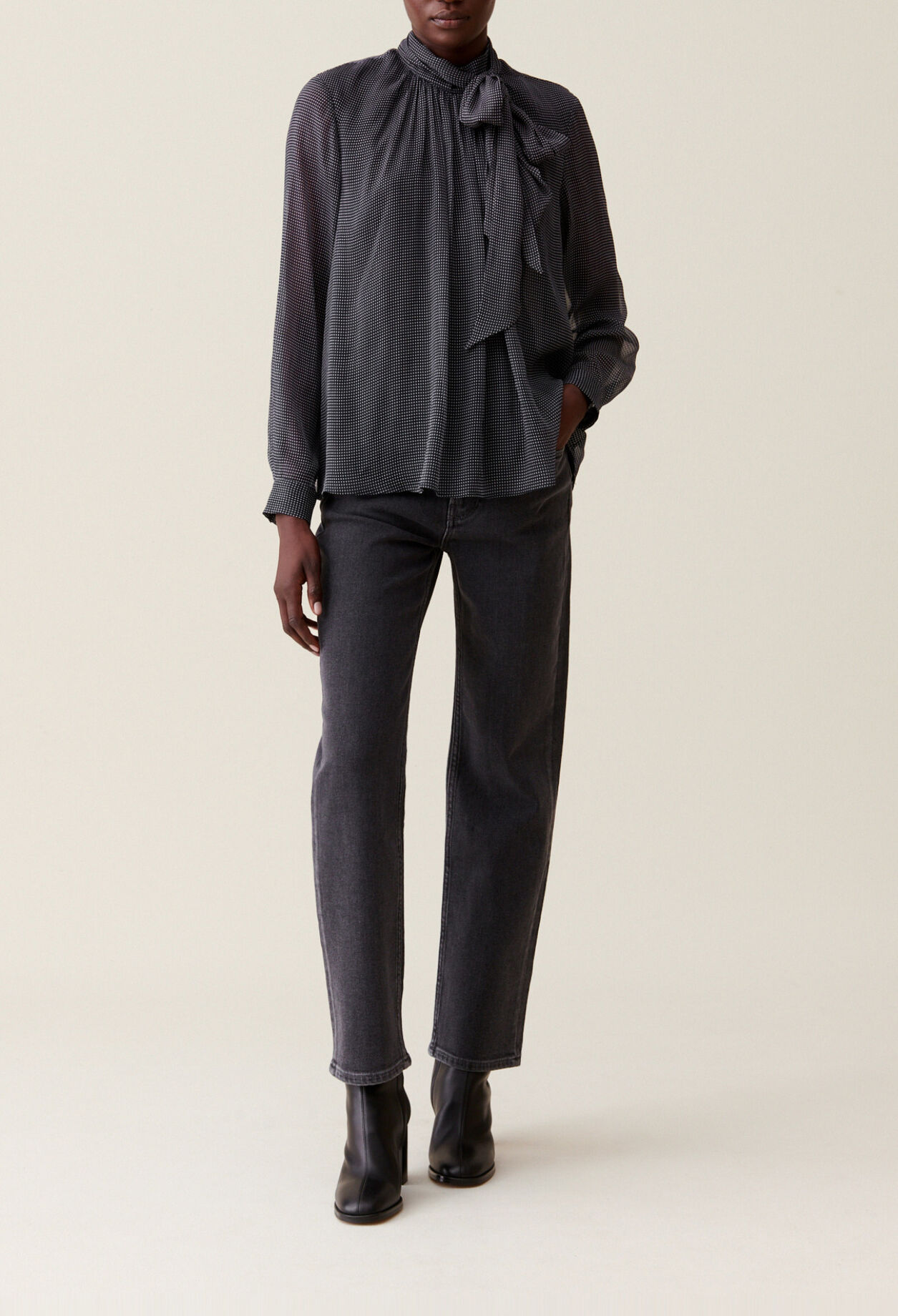 Fluid Check Tie-Neck Blouse