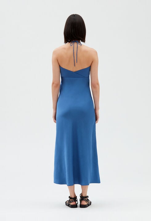 Long blue strapless dress