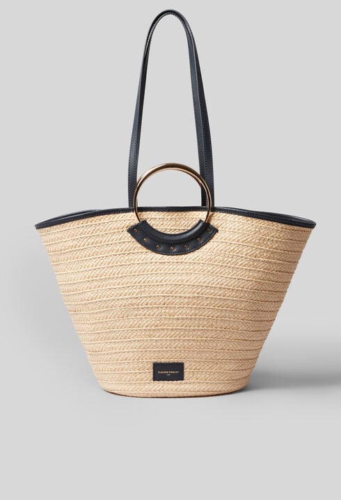 Braided raffia basket with handles