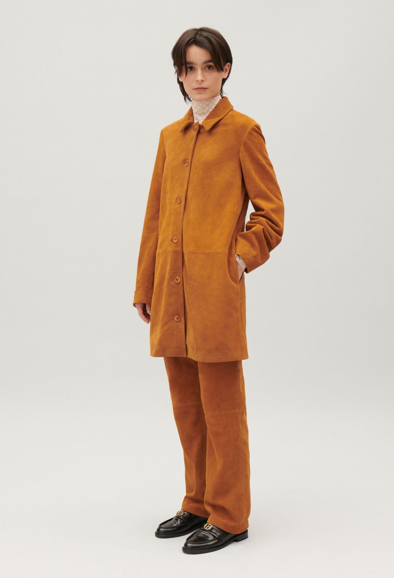 Dark beige straight suede leather coat