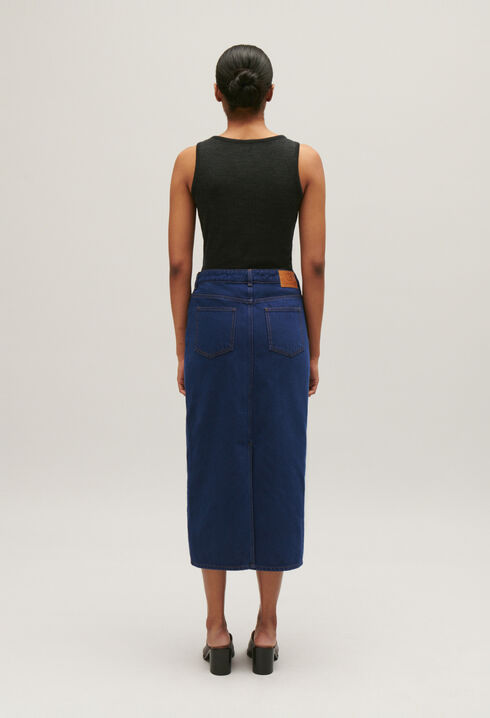 Blue denim midi skirt