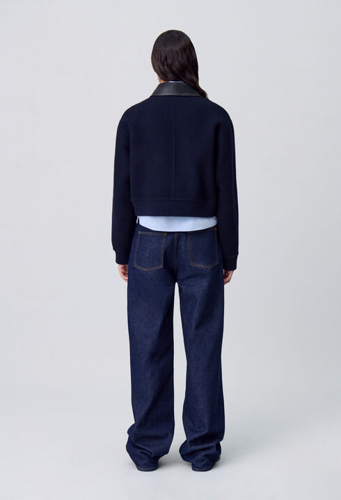 Wool Jacket Faux Leather Collar