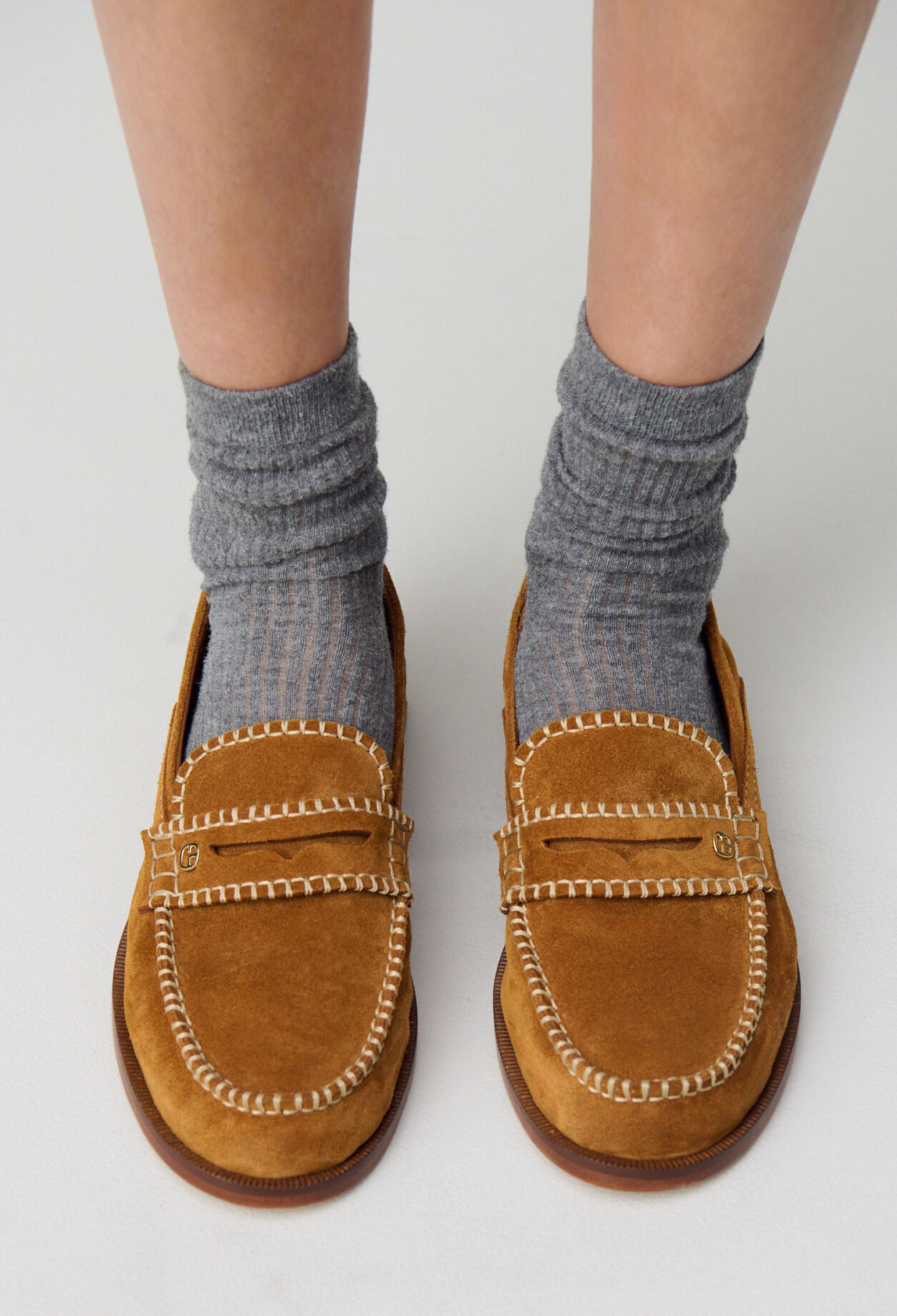 Suede mules with gold monogram