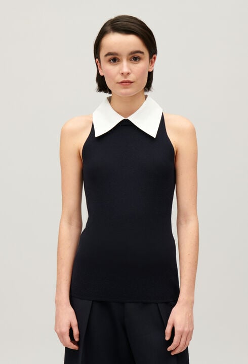 Navy vest top with shirt collar