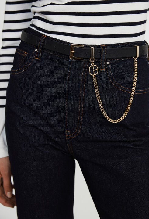 Black leather belt with chain