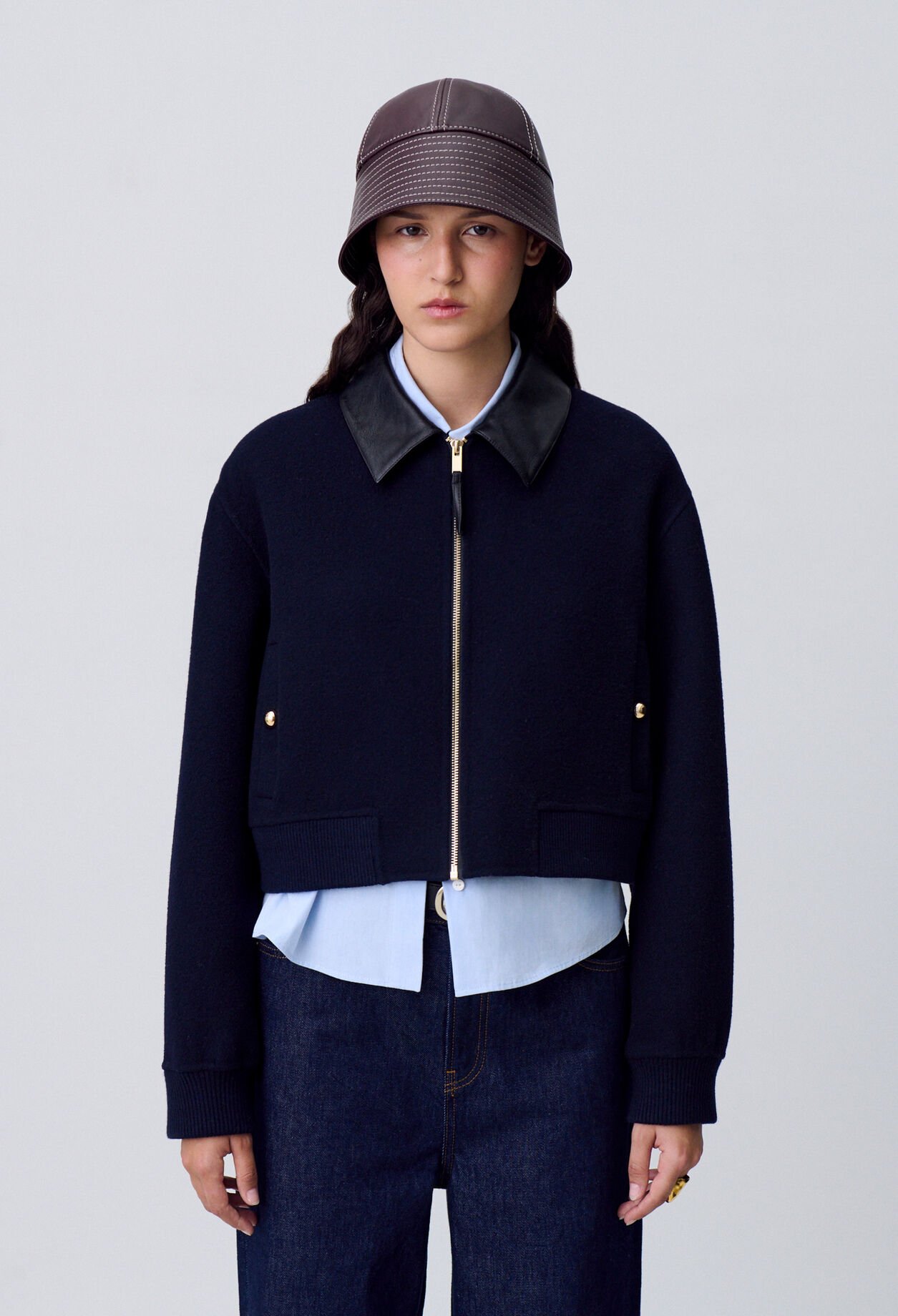 Wool Jacket Faux Leather Collar