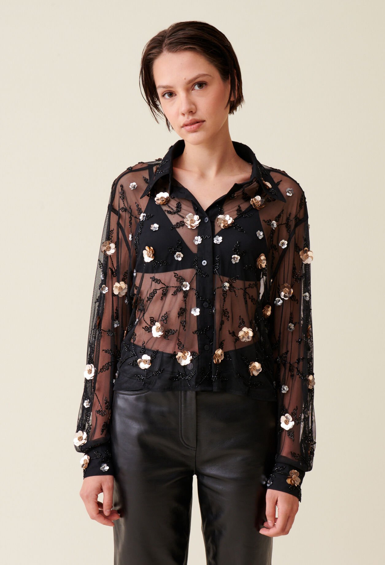 Black sheer floral embroidered top best sale