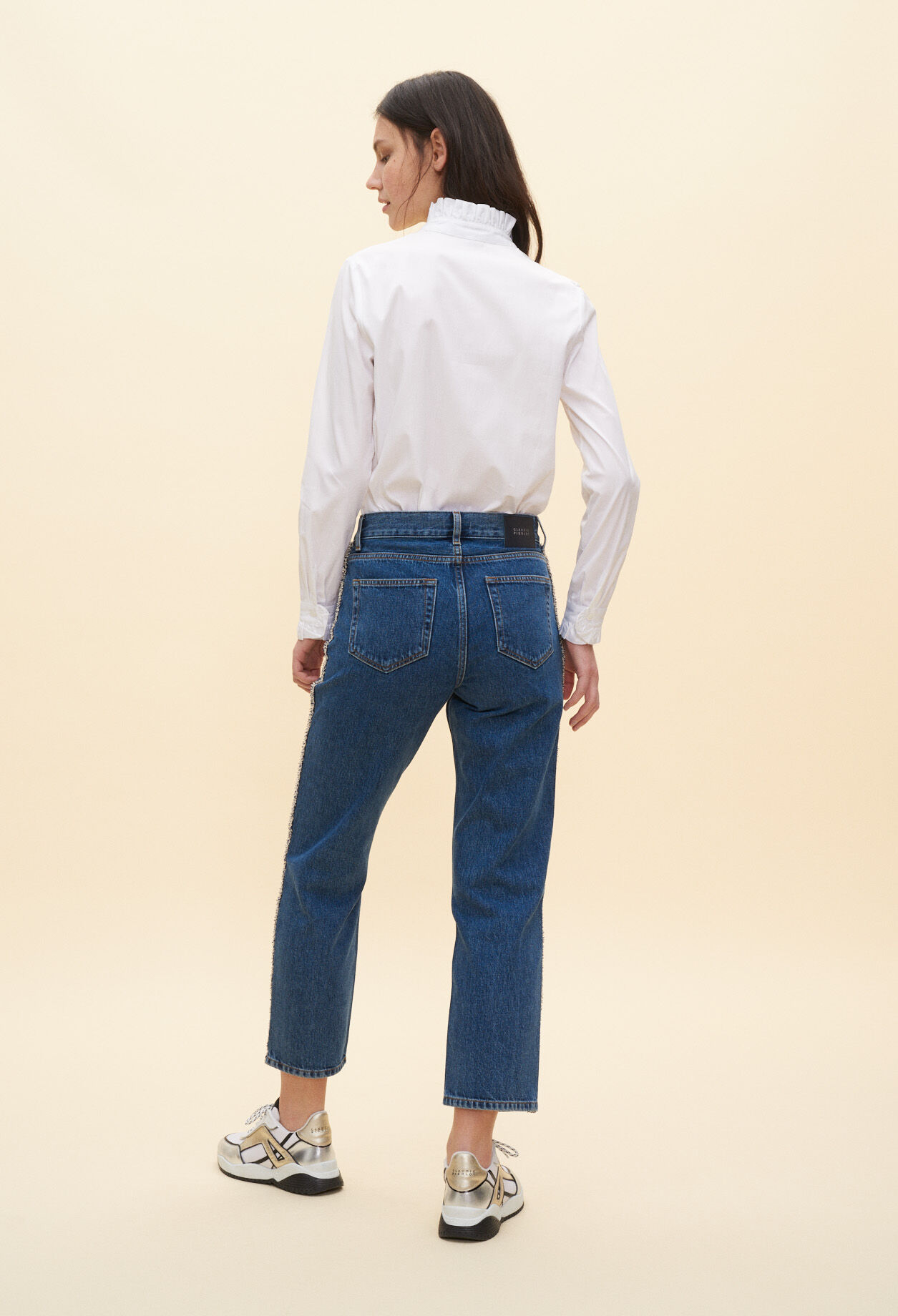 Shirt with pleated high neckline