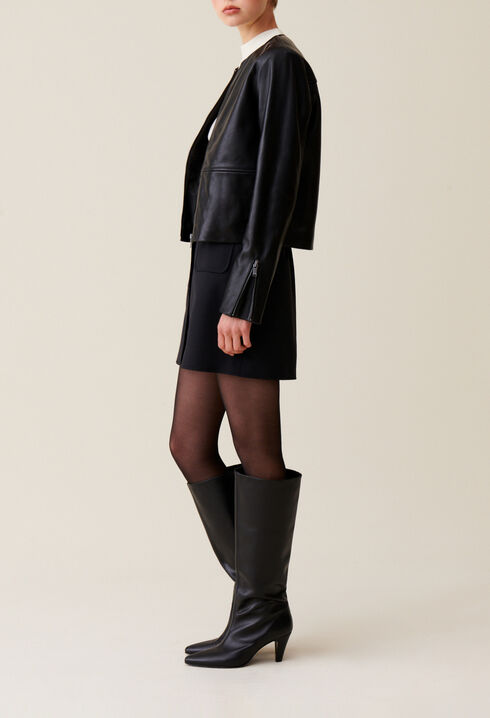 Short Round Neck Leather Jacket