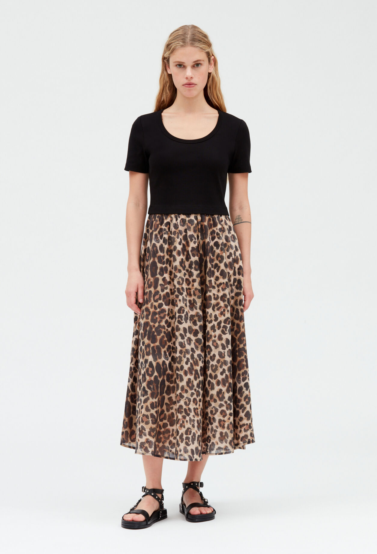 Bi-material leopard midi-dress