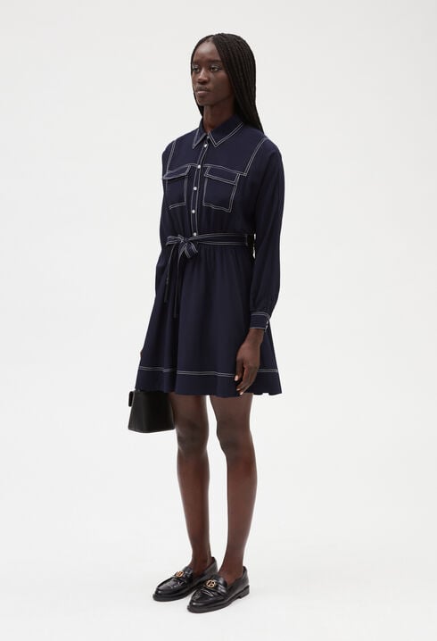 Blue silk long-sleeved short dress