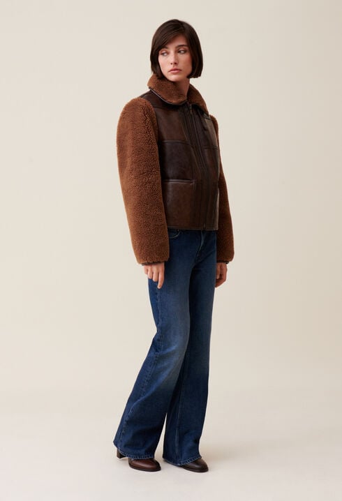 Short two-tone mixed fabric jacket