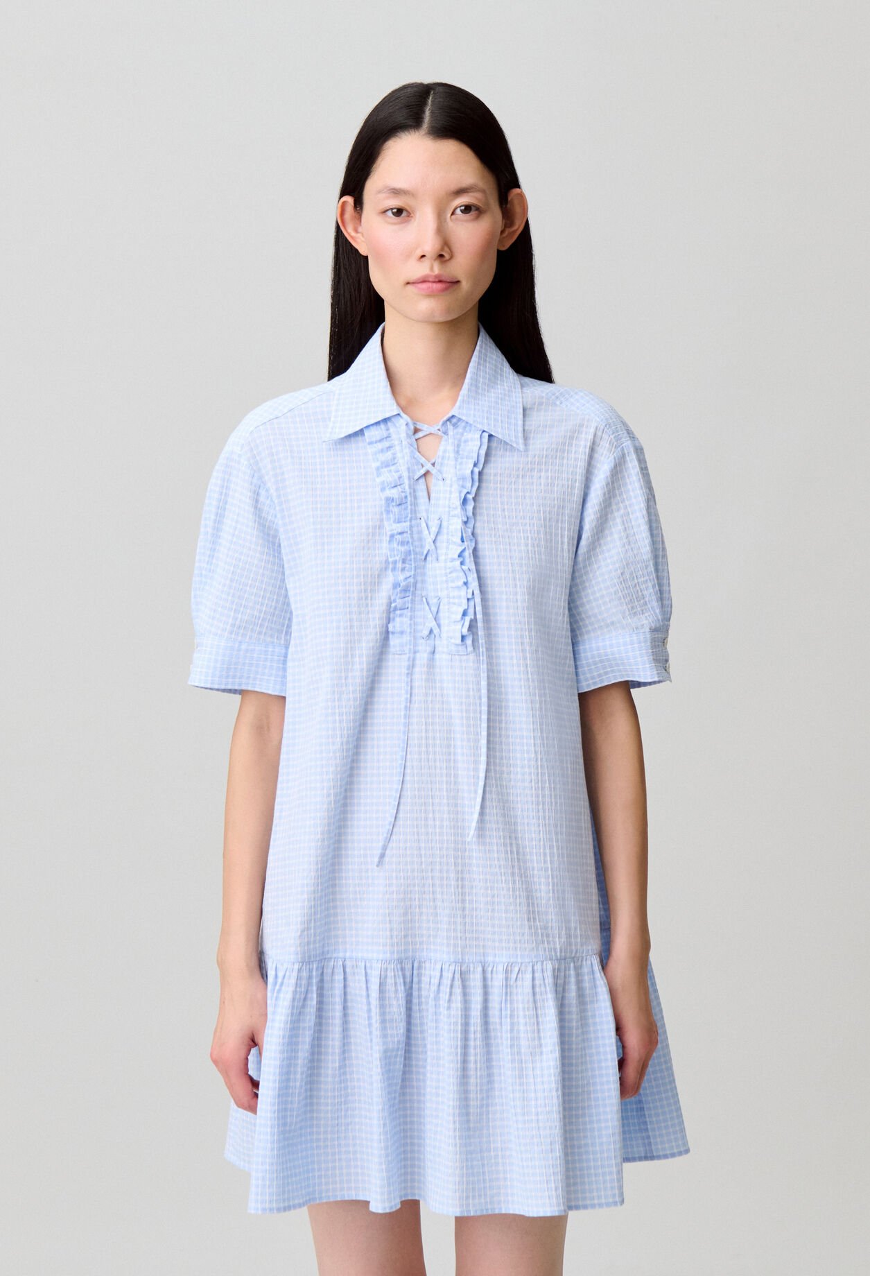 Short lace-up ruffled dress