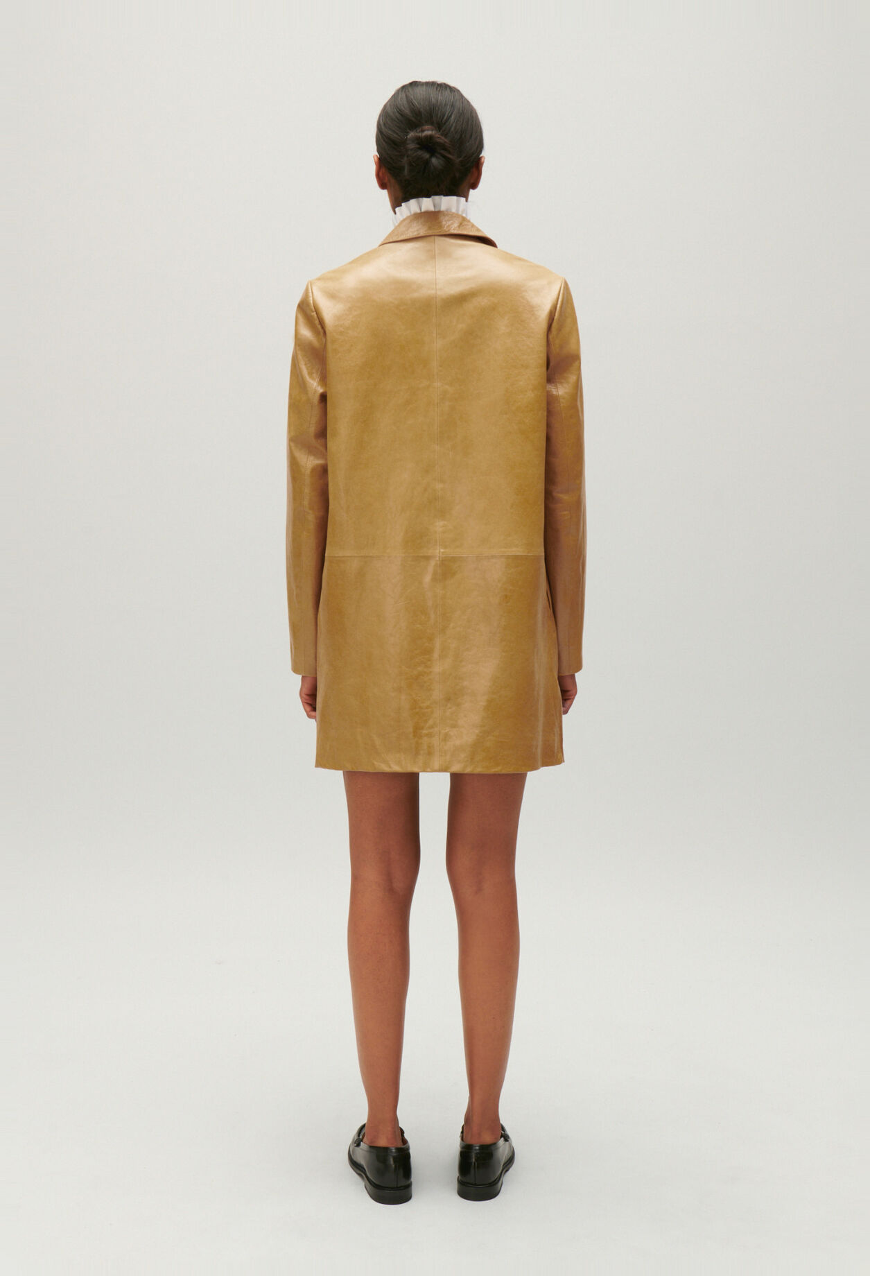 Ochre yellow long leather jacket