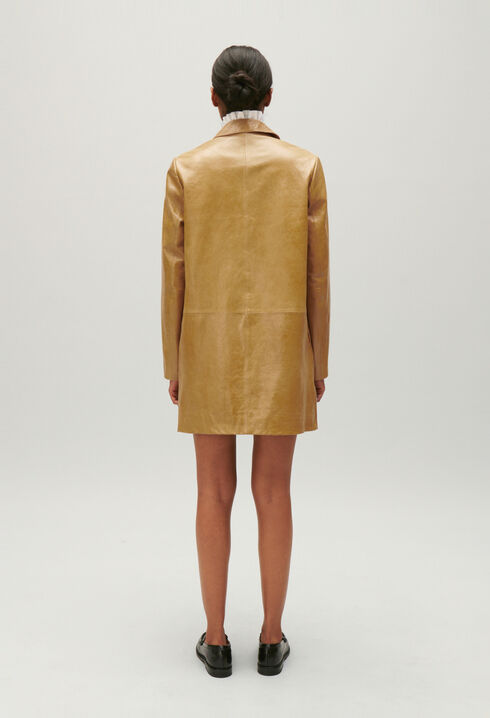 Ochre yellow long leather jacket