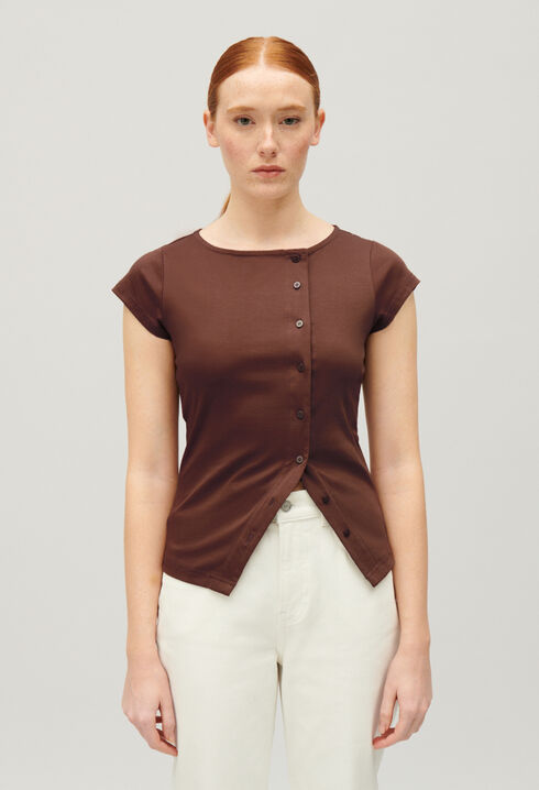 Black asymmetric button-up top