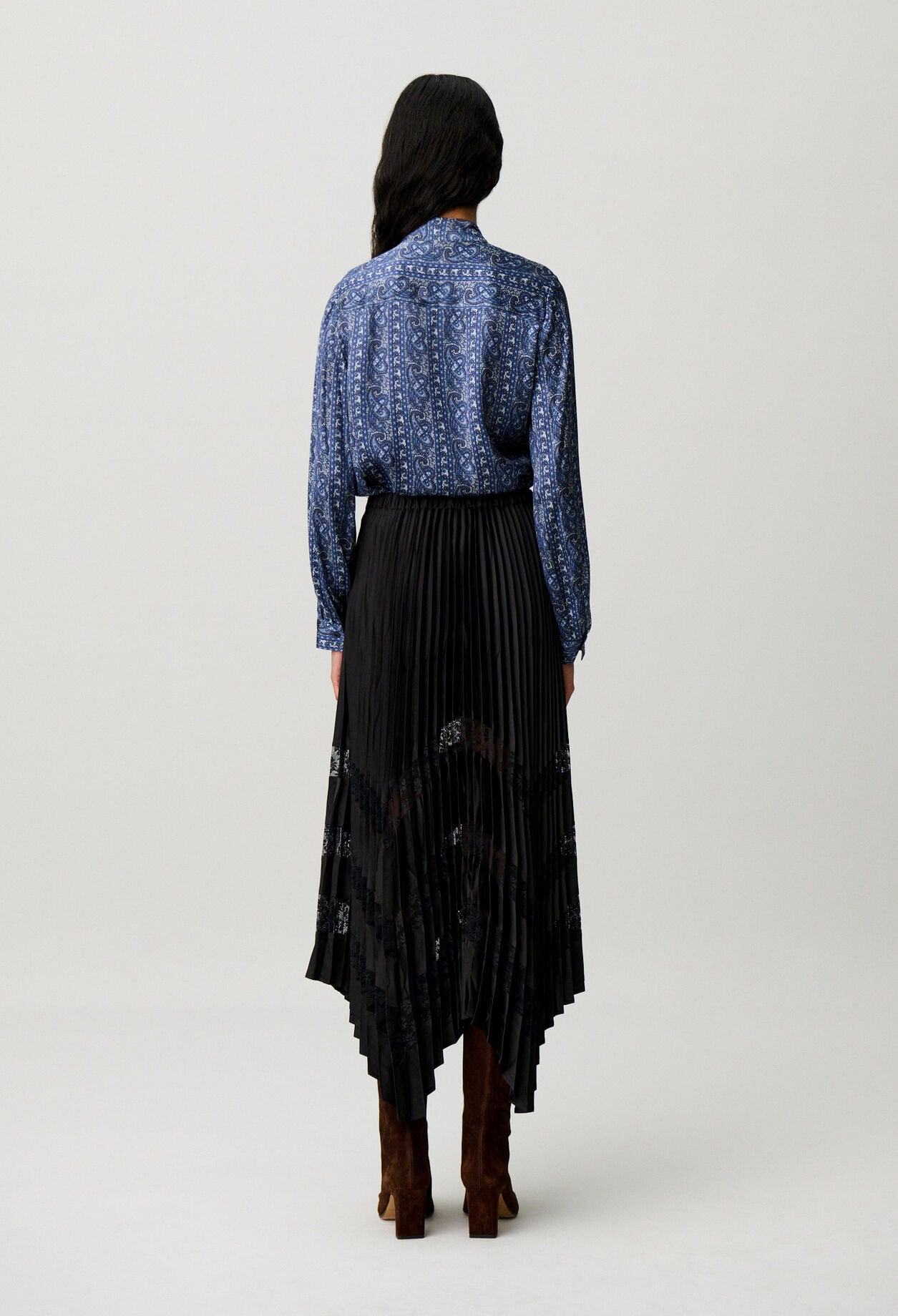 Pleated satin and lace skirt